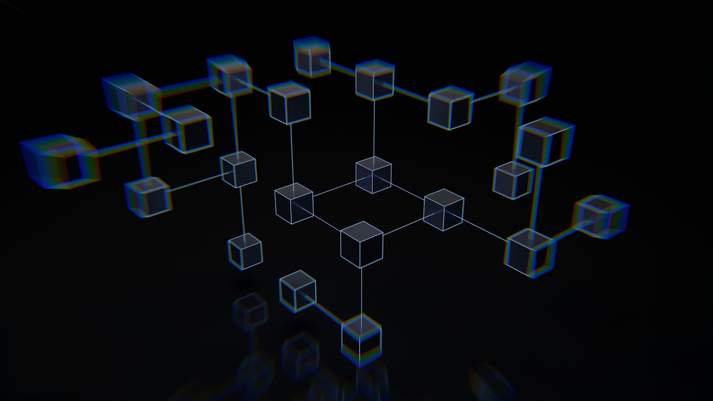 Glowing connected cubes forming a network