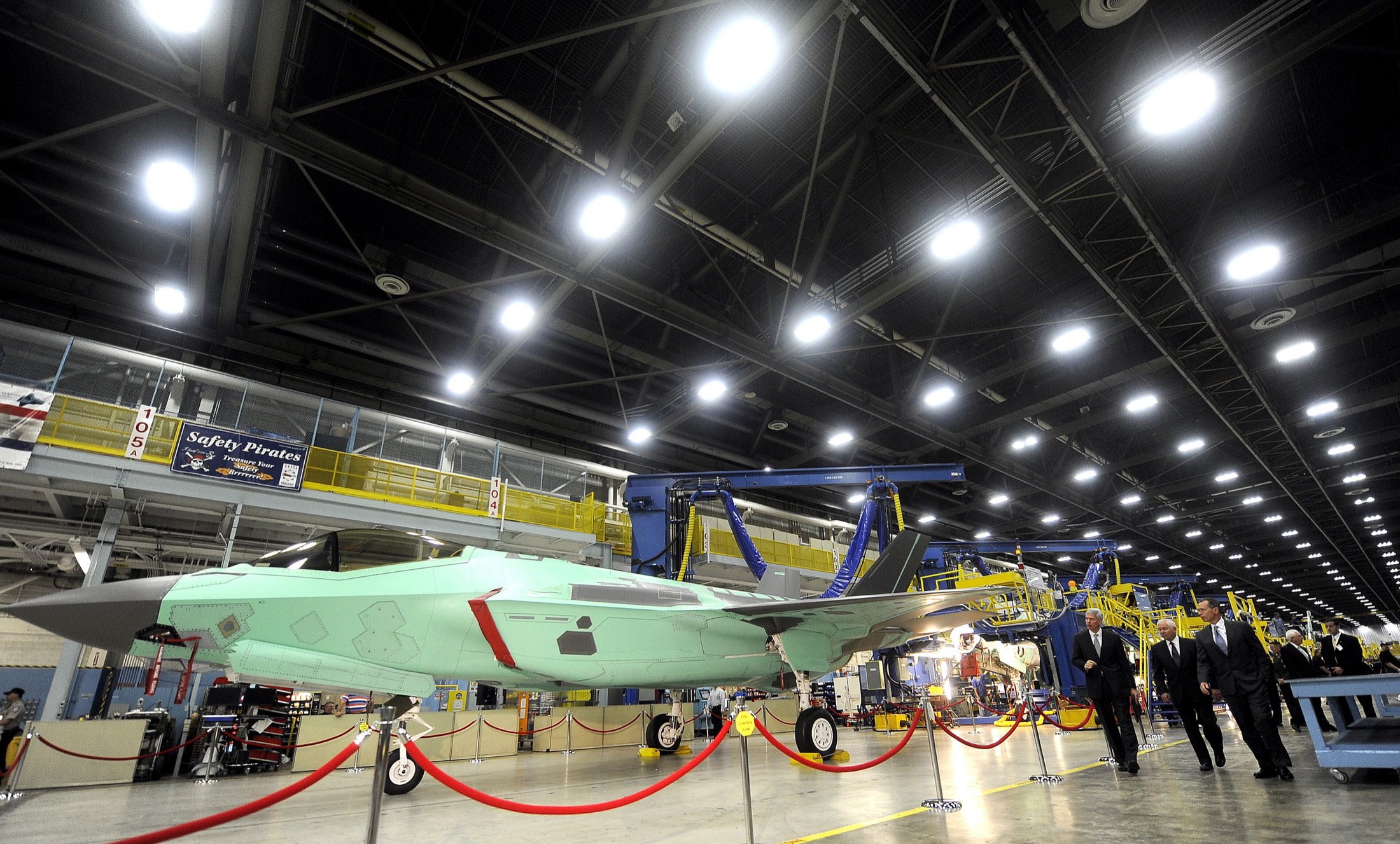 Fighter aircraft on a defense production line